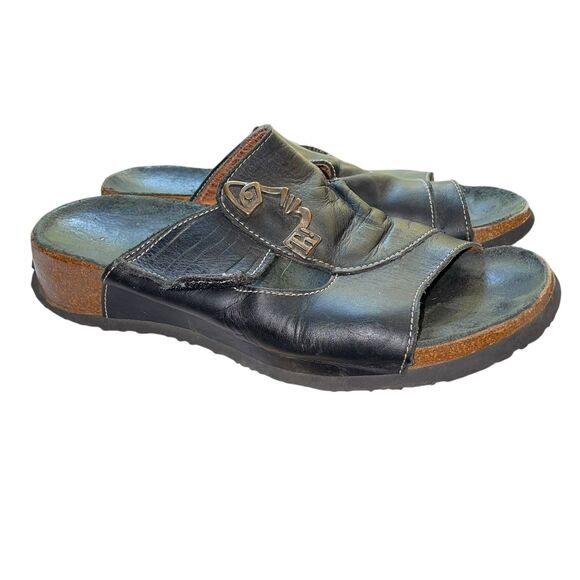 Think! 38/7.5 Mizzi Black Leather Artsy Comfort Slide Sandals Lagenlook - Picture 2 of 7